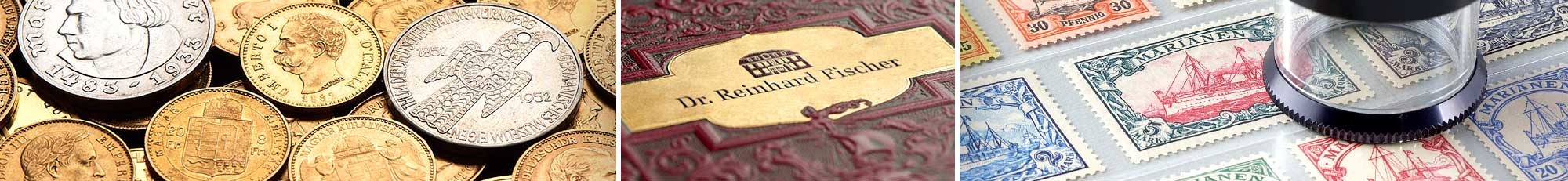 ein Bannerbild, das dekorative Abbildungen von Briefmarken, Münzen und dem Firmenlogo zeigt
